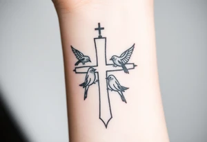 Weathered cross with 4 birds tattoo idea