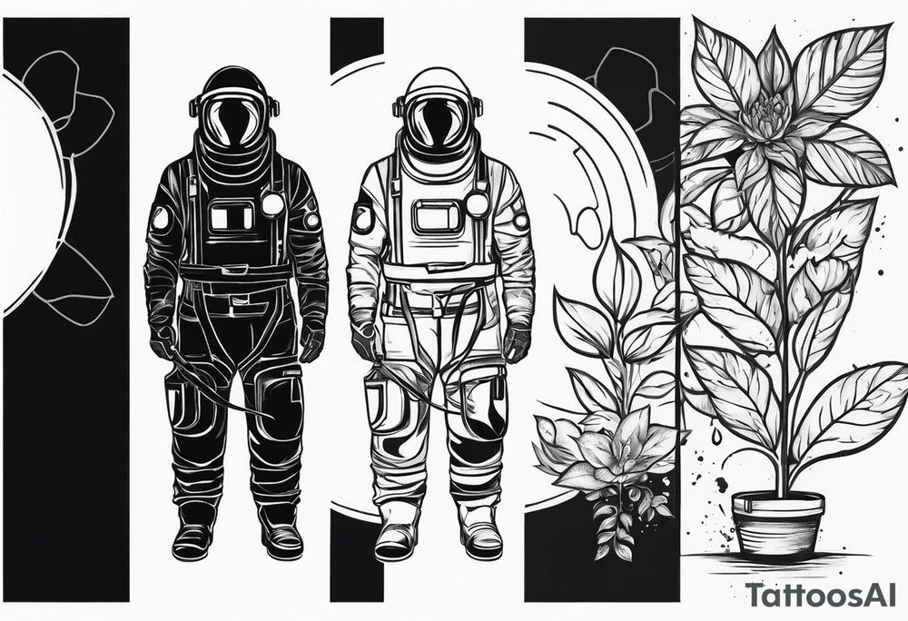 radiation suit with cleaning tank spraying a plant tattoo idea