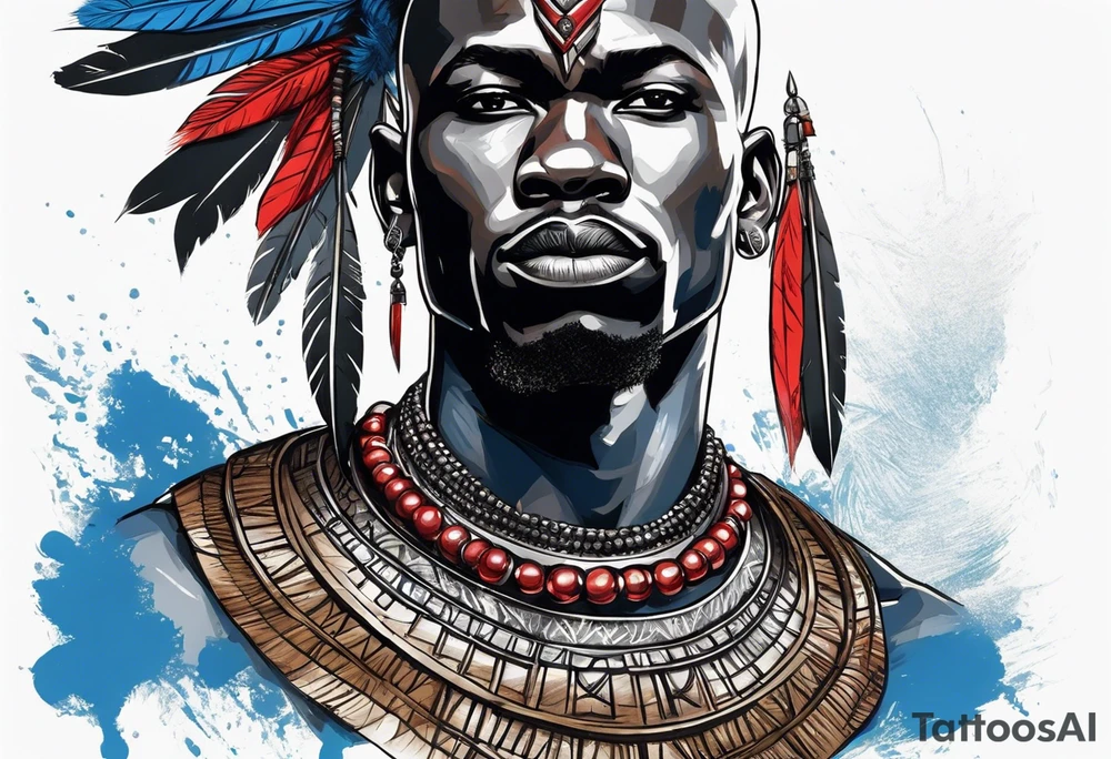 Black-skinned bald african warrior. He wears a simple and small silver crown. He uses blue and red necklaces tattoo idea