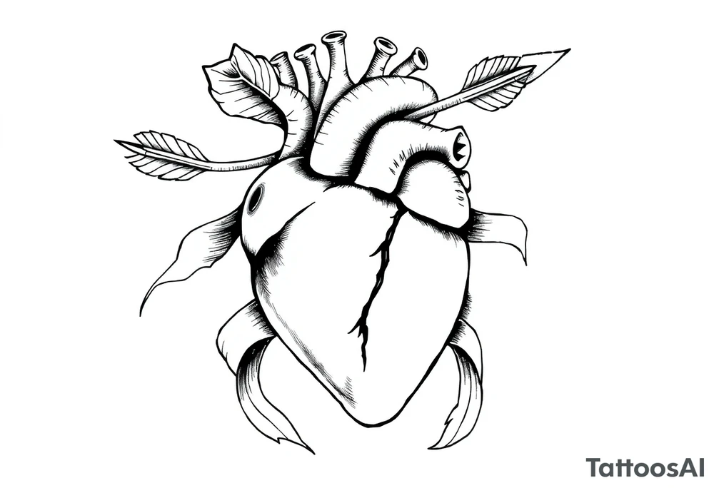 anatomical heart pierced by ornate arrow with flowing ribbons tattoo idea