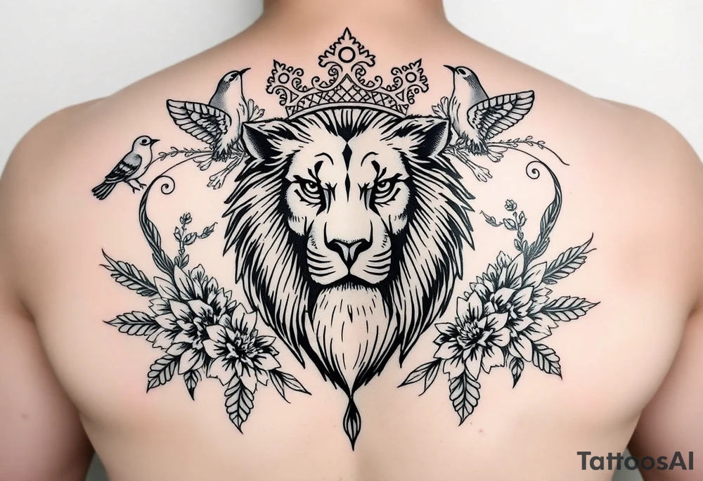 powerful majestic lion with a crown, surrounded by floral ornaments and birds tattoo idea