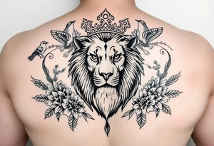 powerful majestic lion with a crown, surrounded by floral ornaments and birds tattoo idea