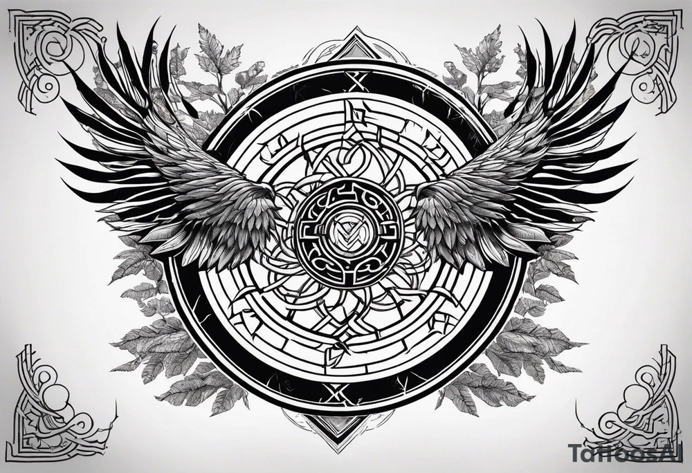 Viking Vegvisir with phoenix wings around it, Viking Valknut, tree of life with roots tattoo idea