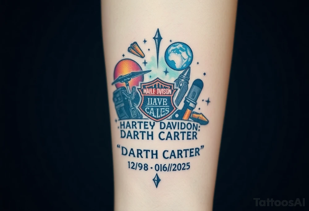 futuristic, spacey, memory tattoo: star wars, space, Harley Davidson, skateboarding, camping, puzzle pieces, video games, heaven, god, outdoors, bullets, words MEMENTO MORI & DARTH CARTER 12/29/88-01/06/2025 tattoo idea