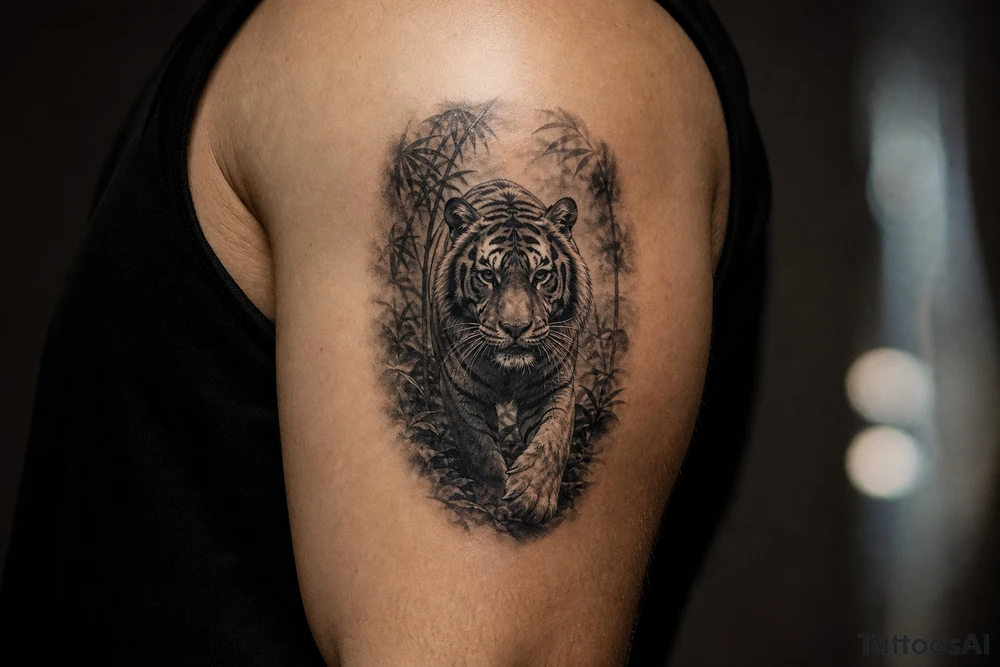 Hyperrealistic tiger emerging from a dense, misty jungle, close-up, dramatic lighting. tattoo idea