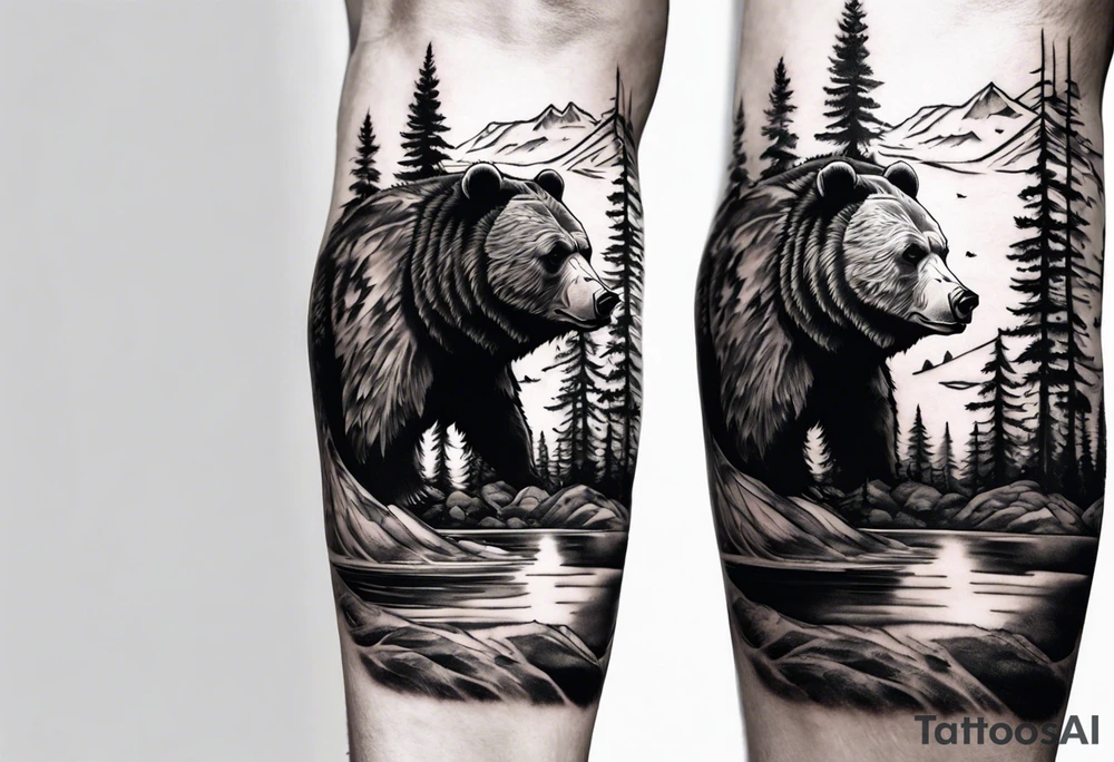 bear head right above the forest line with a lake below, full arm sleeve tattoo tattoo idea