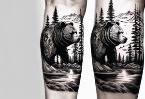 bear head right above the forest line with a lake below, full arm sleeve tattoo tattoo idea