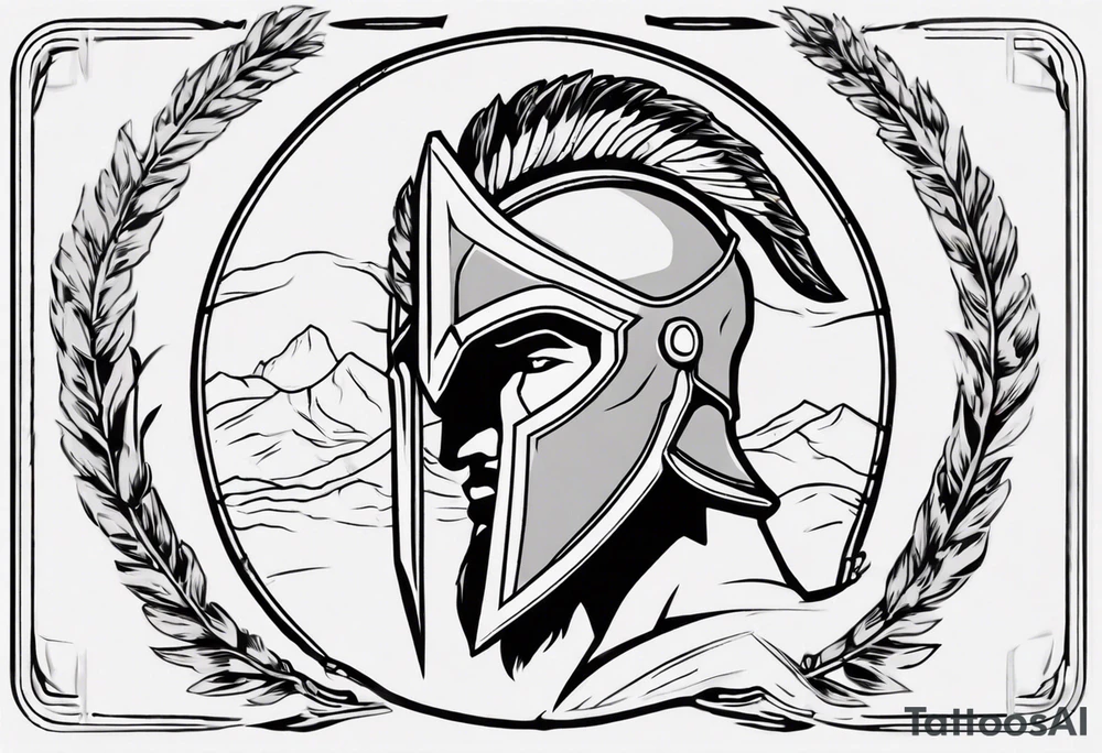 rectangular landscape format ultra-fine line linework vector of a spartan from the side, spartan spear, spartan shield, laurel wreath tattoo idea