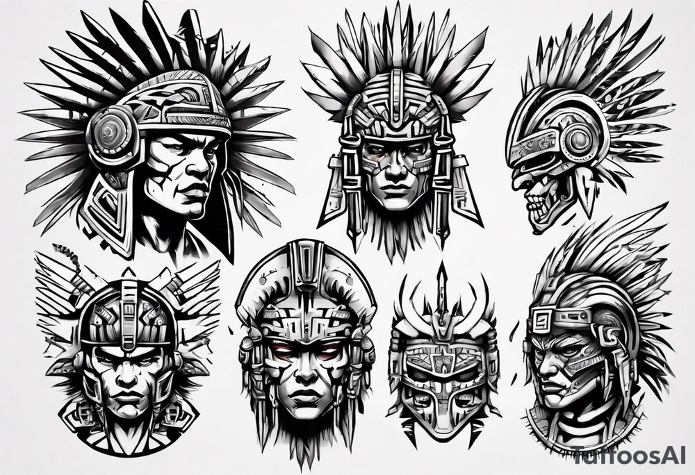 cyberpunk aztec warrior fighting tattoo idea