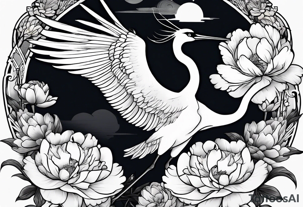 Japanese crane flying through peonies tattoo idea