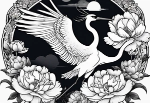 Japanese crane flying through peonies tattoo idea