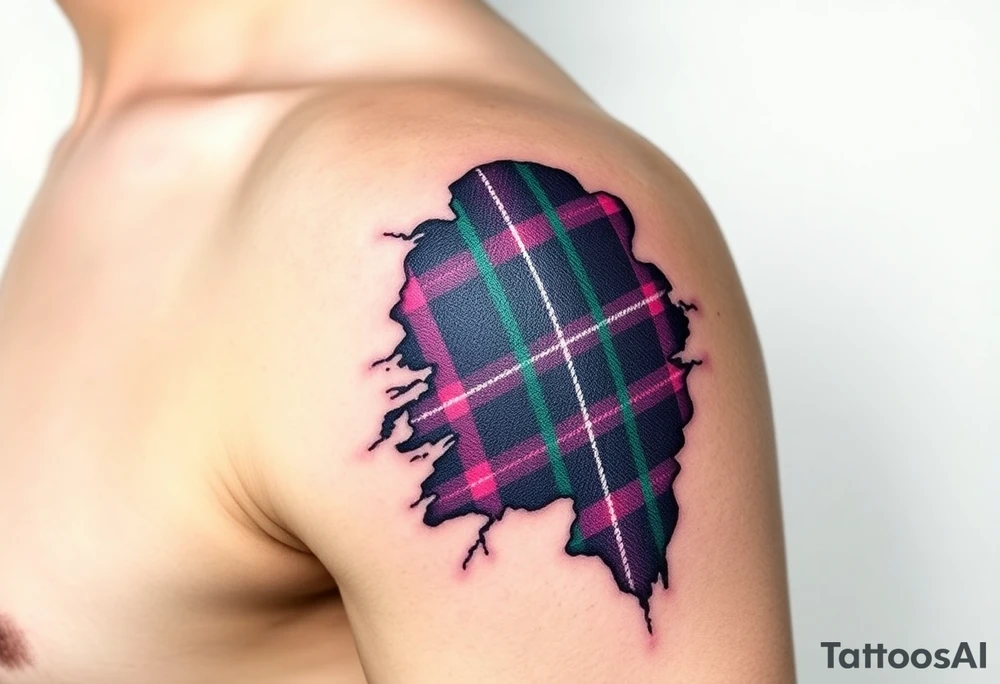 Side of arm Dark Purple with green pink blue and white highlights tartan fabric 
with skin ripping away at edges tattoo idea