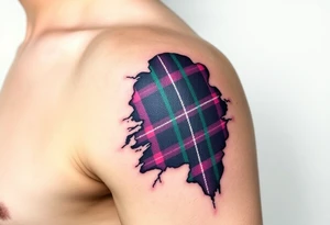 Side of arm Dark Purple with green pink blue and white highlights tartan fabric 
with skin ripping away at edges tattoo idea