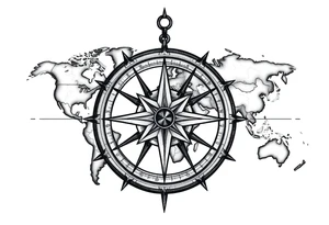 antique compass rose overlaid on weathered fictional world map tattoo idea