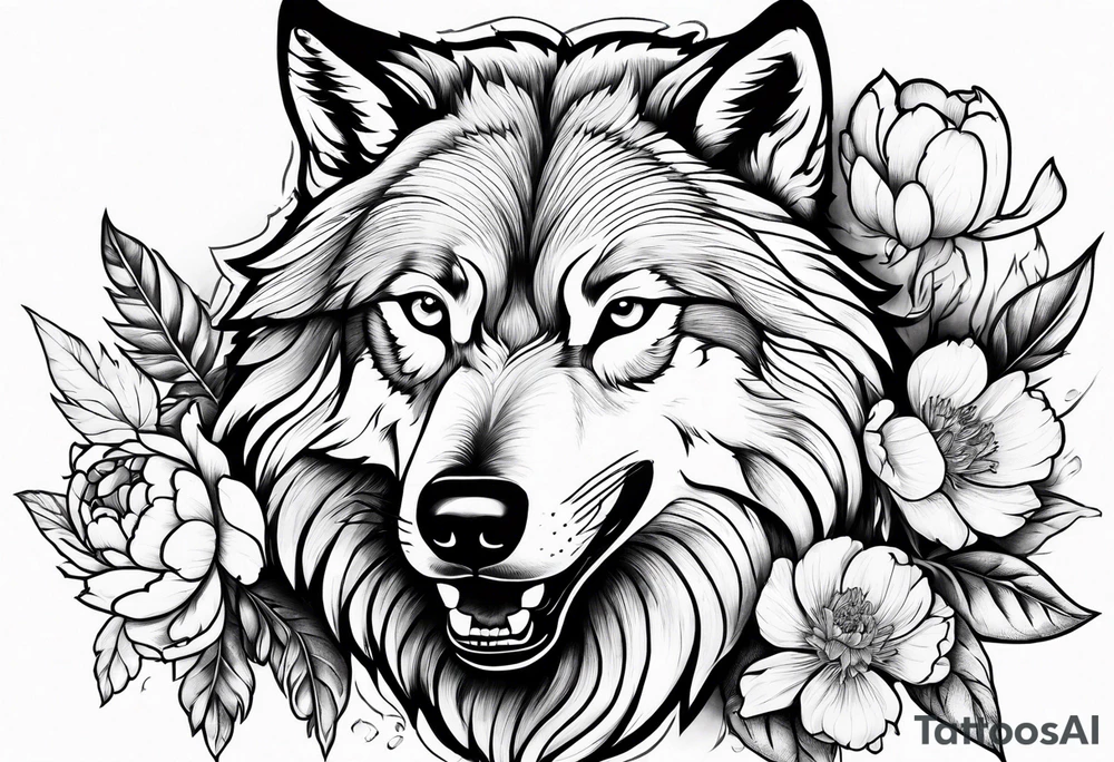 Fighting wolf with peony tattoo idea