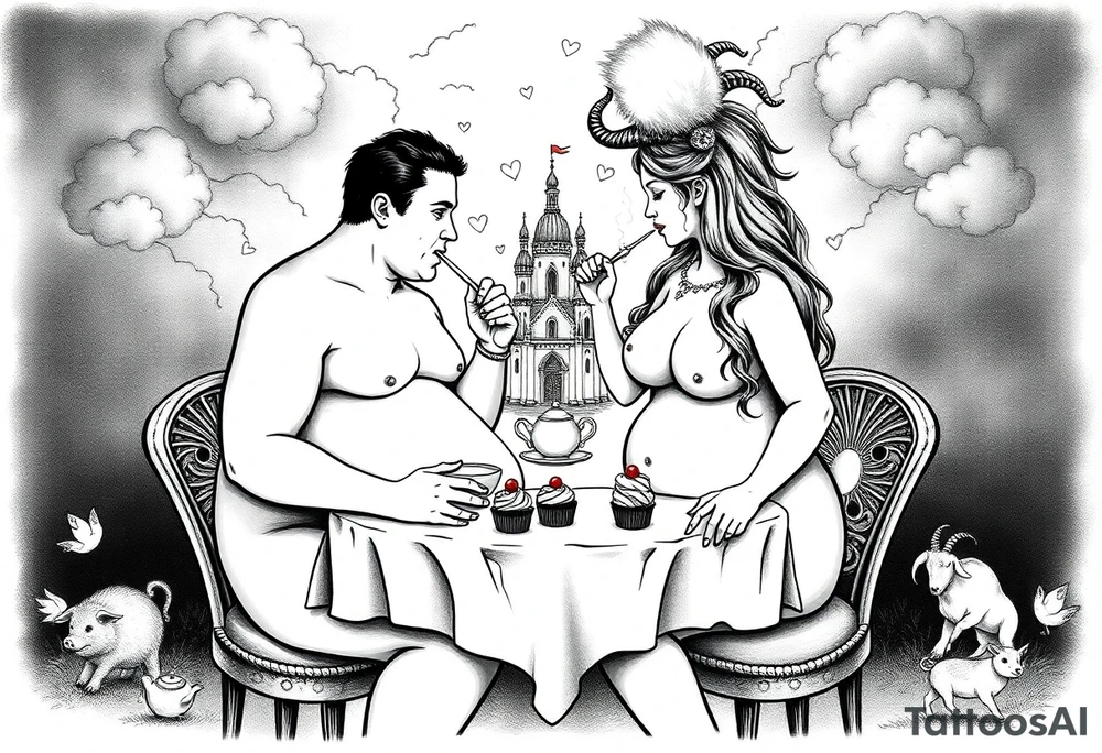 Naked Man and fat woman having sex eating cupcakes and  fruit  having sexy naked fat lady having a tea party with tea pots  swith fancy castle  
with mystical  a pigs, peacock,  lion, goat, noose and smoking cigerettes looking in the mirror thru storm clouds and broken hearts and darkness and wrath, envy , gluttony, greed, sloth, pride . Gothic tattoo idea