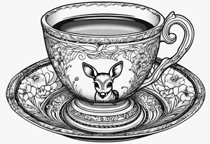 simple line art fawn fully in a teacup tattoo idea