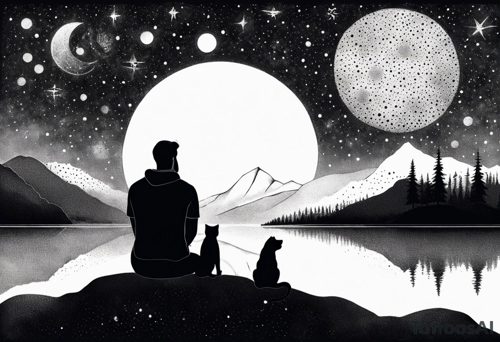 a night sky with leo and cancer constellation, mountains, a father and son with his dog and cat sitting by the water tattoo idea