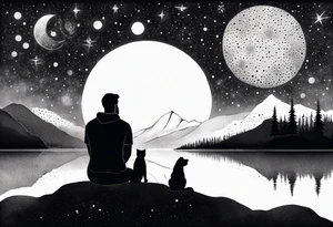 a night sky with leo and cancer constellation, mountains, a father and son with his dog and cat sitting by the water tattoo idea