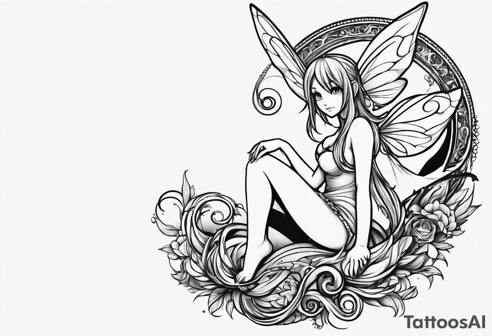 A fairy with a tail inspired by the logo of the show called Fairy Tail in a fetal position leaning in tattoo idea