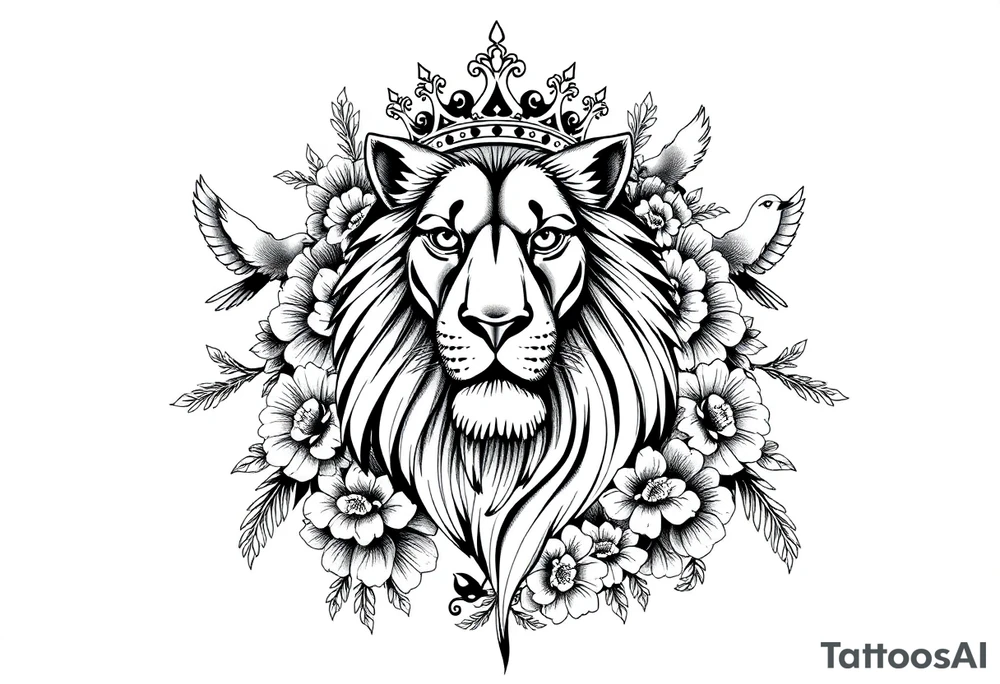 powerful majestic lion with a crown, surrounded by floral ornaments and birds tattoo idea
