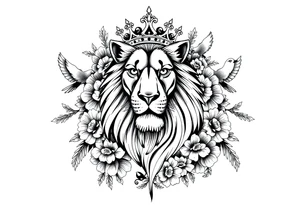 powerful majestic lion with a crown, surrounded by floral ornaments and birds tattoo idea