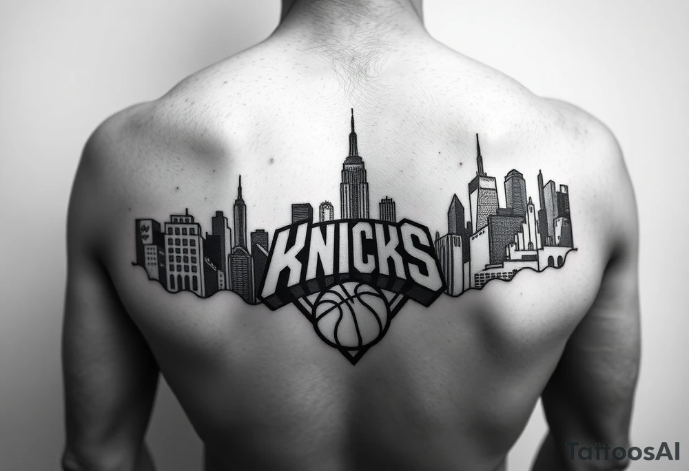 Photo realistic, New York City cityscape with New York knicks logo tattoo idea