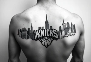Photo realistic, New York City cityscape with New York knicks logo tattoo idea