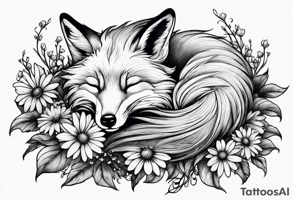 Creepy evil fox sleeping daisies tattoo idea