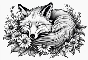 Creepy evil fox sleeping daisies tattoo idea