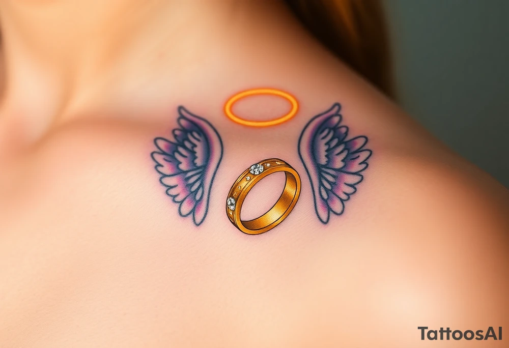 A golden wedding band floating within an angelic halo, glowing softly. tattoo idea