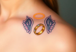 A golden wedding band floating within an angelic halo, glowing softly. tattoo idea