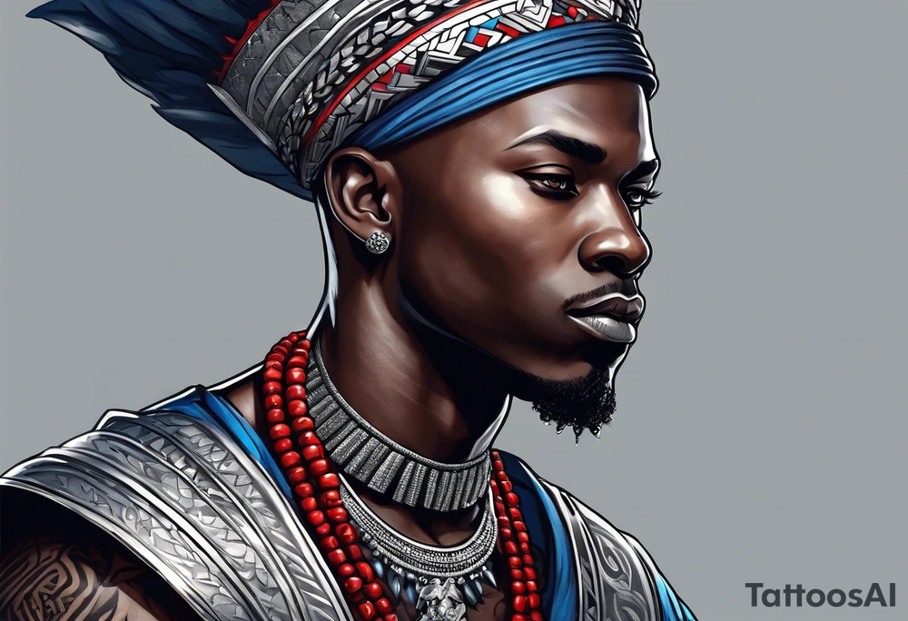 Black-skinned bald african warrior. He wears a simple and small silver crown. He uses two simple necklaces: one blue, other red. tattoo idea