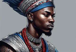 Black-skinned bald african warrior. He wears a simple and small silver crown. He uses two simple necklaces: one blue, other red. tattoo idea