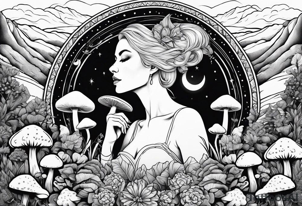 Blonde long straight hair older woman surrounded by mushrooms mountains crescent moon background tattoo idea