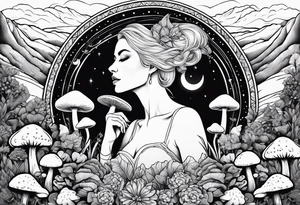 Blonde long straight hair older woman surrounded by mushrooms mountains crescent moon background tattoo idea