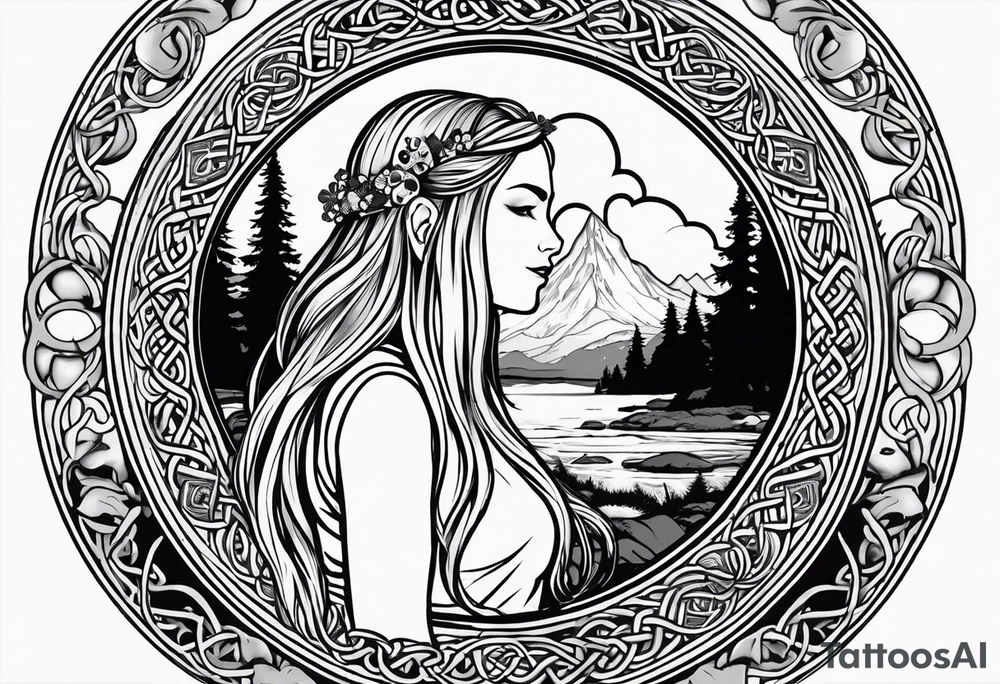 Whole picture encircled fully

Straight long blonde hair celestial girl in distance holding mushrooms in hand facing away toward mountains and creek surrounded by mushrooms long sleeve shirt and hiking pants; whole rendering within a full celtic circle border, no cut off circle tattoo idea