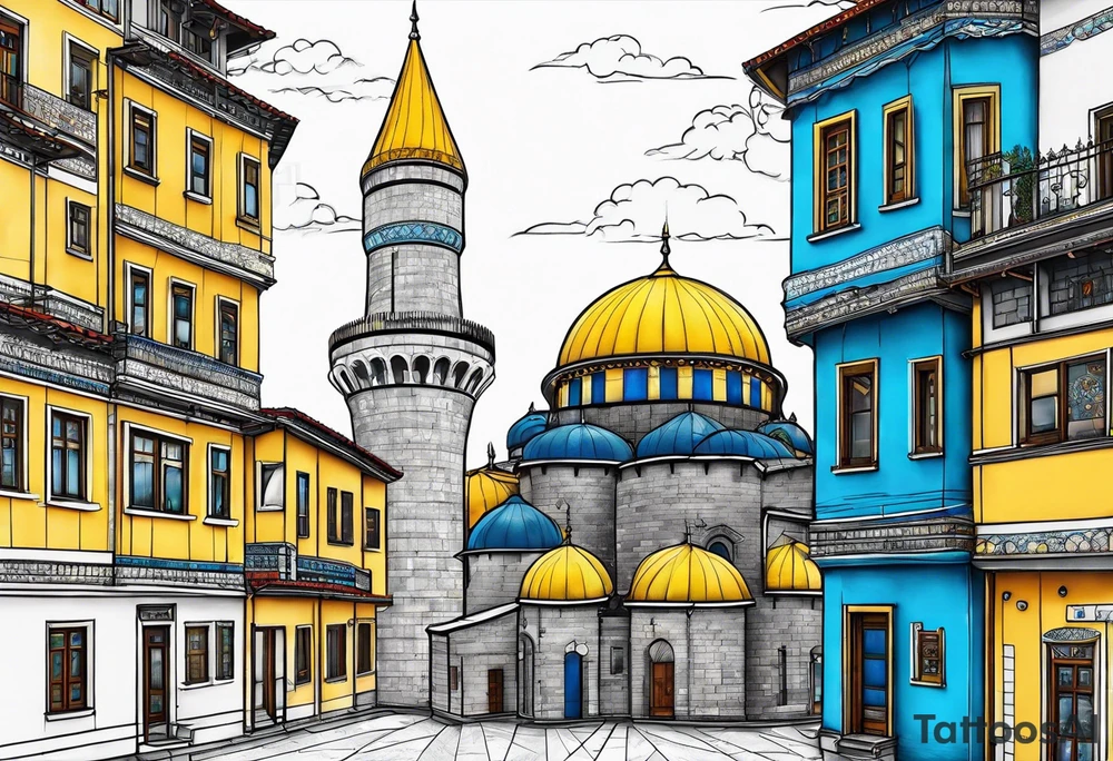 istanbul water tower with yellow blue details tattoo idea