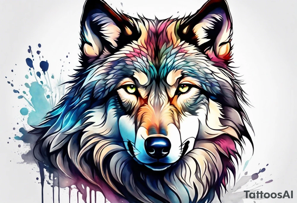 Fluffy wolf sitting upright facing forwards tattoo idea