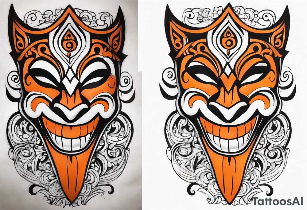 Laughing mask that is orange and black tattoo idea