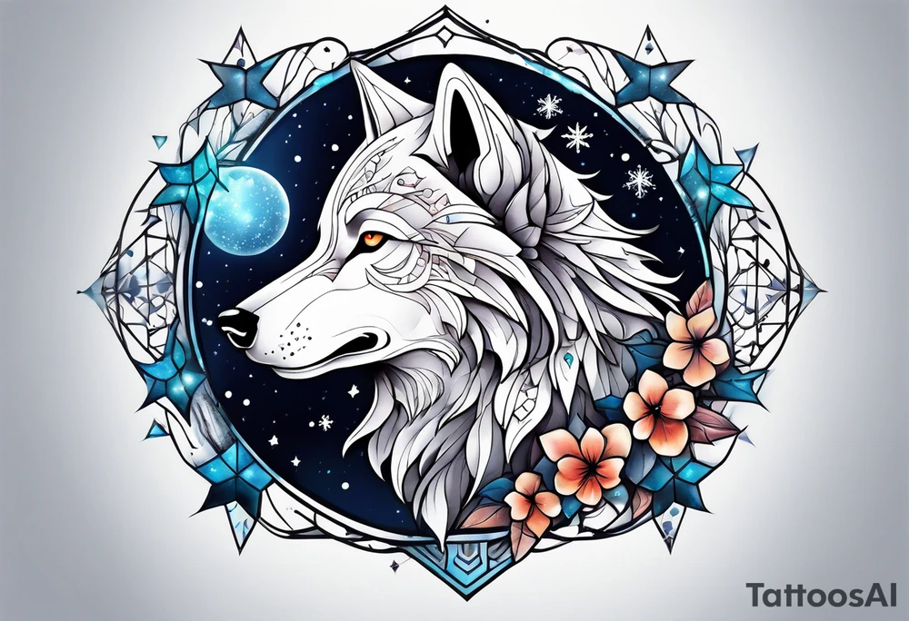 Constellation, animal alien wolf, snowflake tattoo idea