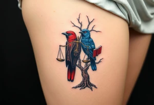 one of the birds red wearing a suit, other bird navy blue with glasses or holding a book, scales of justice built into a tree, starry night painting and mountain background tattoo idea