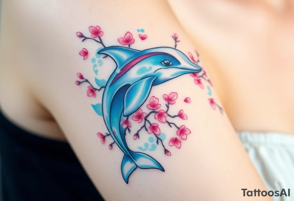 A dolphin intertwined with delicate cherry blossom branches, combining ocean and floral elements tattoo idea