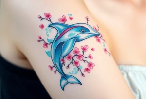 A dolphin intertwined with delicate cherry blossom branches, combining ocean and floral elements tattoo idea