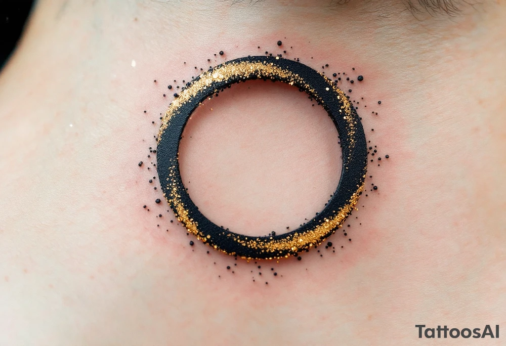 A solid black circle surrounded by a thin halo of gold dust speckles. tattoo idea