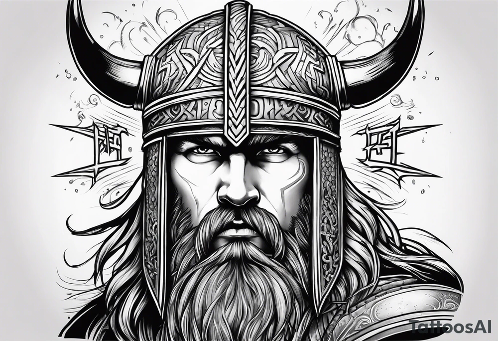 Lightning with the word tetellestai and a Viking helmet tattoo idea