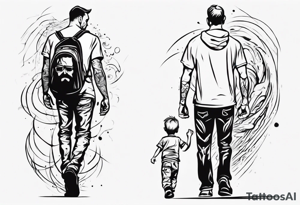 dad and son walks away contour tattoo idea