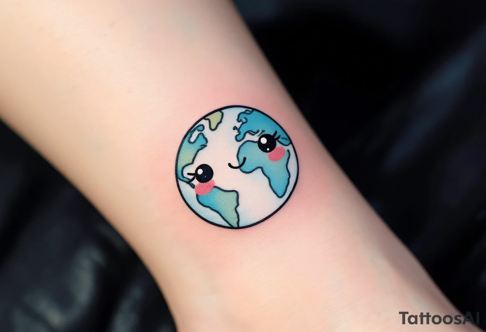 A cute cartoon Earth with smiling eyes is shaded in light blue and mint green with rosy cheeks. tattoo idea