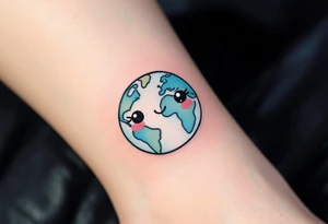 A cute cartoon Earth with smiling eyes is shaded in light blue and mint green with rosy cheeks. tattoo idea