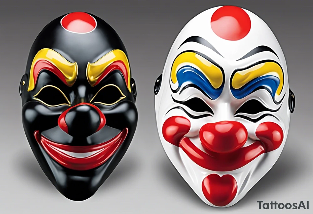 two masks Comedy mask characterized by an exaggerated, happy expression has a smiling face with an upturned mouth, rounded eyes, and a clown nose. Tragedy mask has a somber and serious expression and features a downturned mouth, furrowed brows, and deep-set, intense eyes with a clone nose tattoo idea